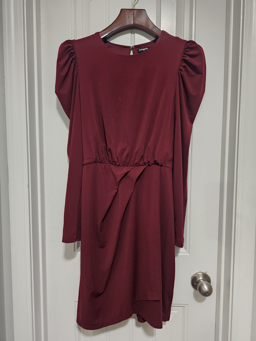 Express Burgundy Long-Sleeve Puff Shoulder Dress